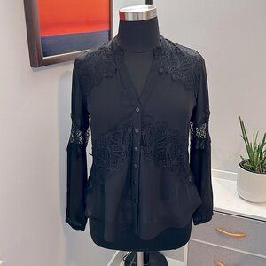 Timeless Bohemian Blouse with Lace Trim- Black - Large